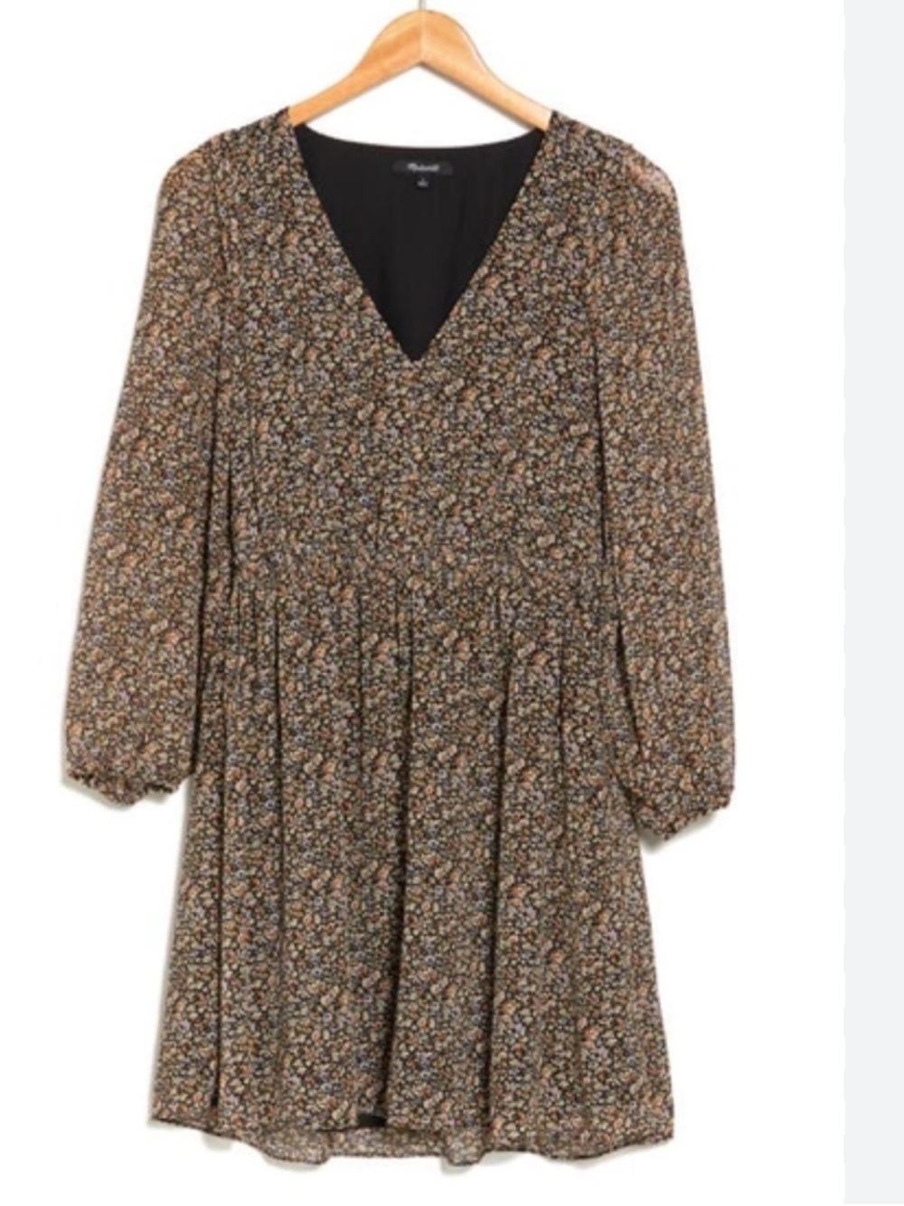 Madewell Brown Floral V-Neck Long Sleeve Smocked Minidress